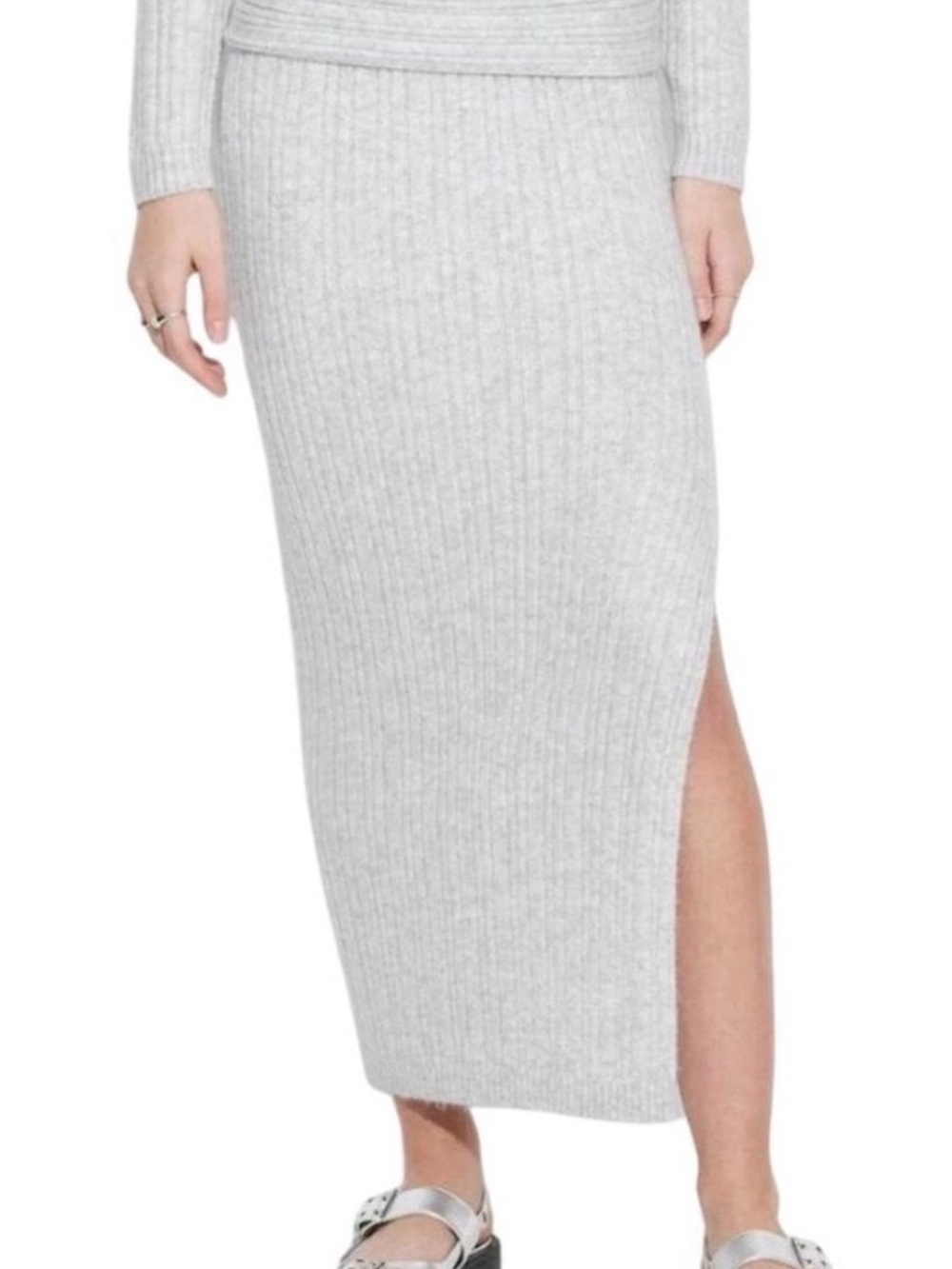 Ribbed Knit Side-Slit Midi Skirt — Light Gray